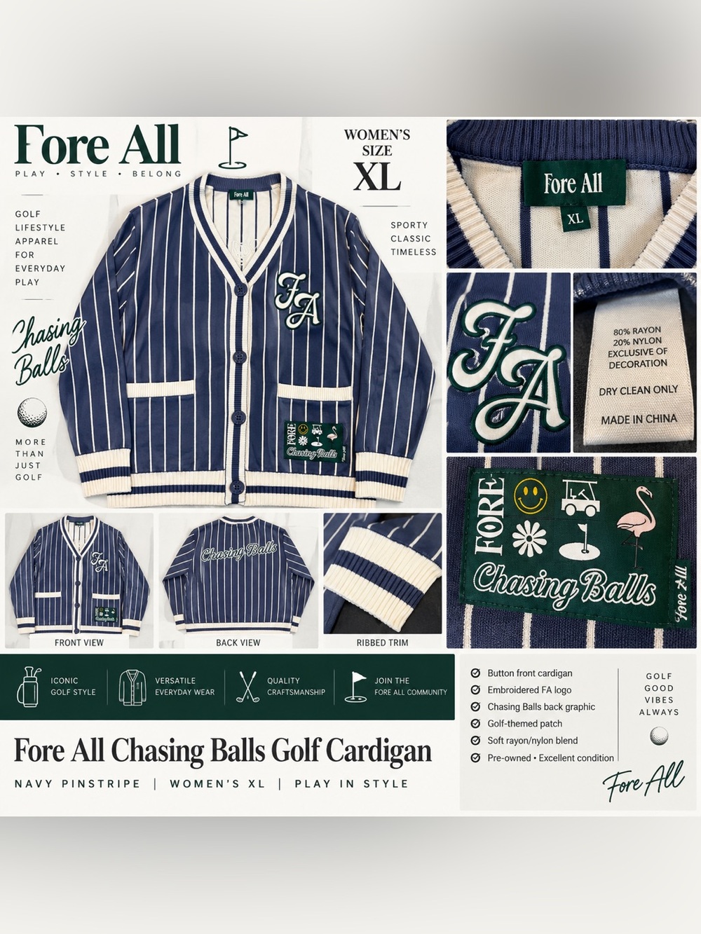 Women’s Chasing Balls Golf Cardigan - Navy/White Stripe, XL